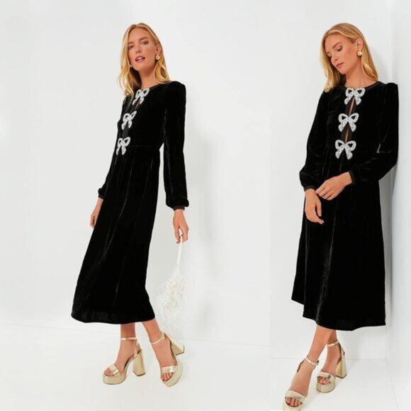 Saloni NEW Velvet Camille Bows Long Sleeve Formal Elegant Midi Dress Size 2 - Picture 3 of 12